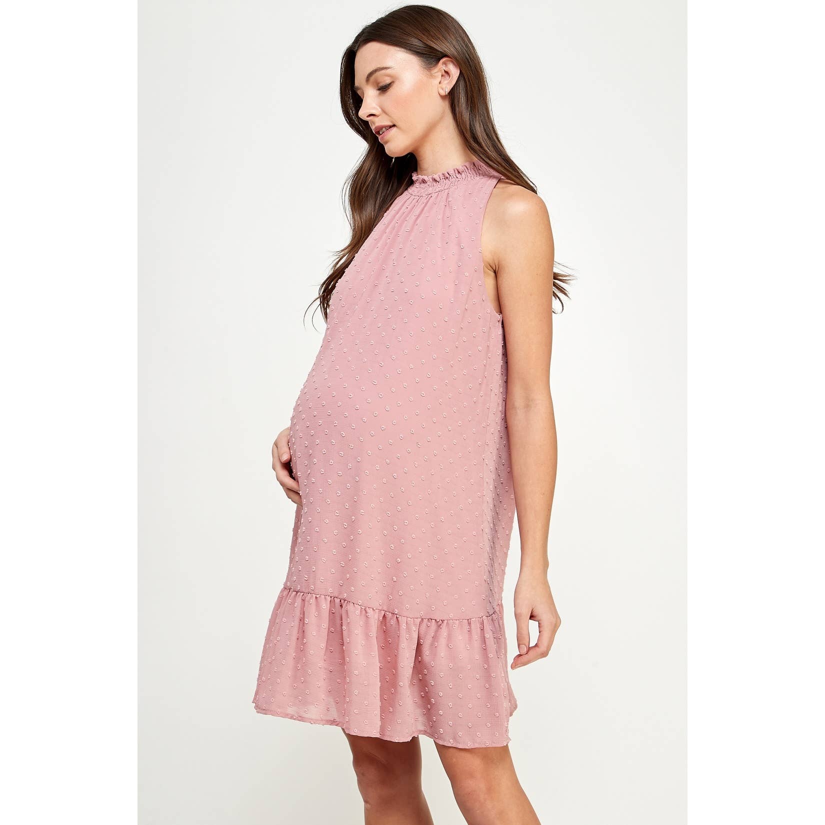 Mock Neck Swiss Dot Ruffled Maternity Dress
