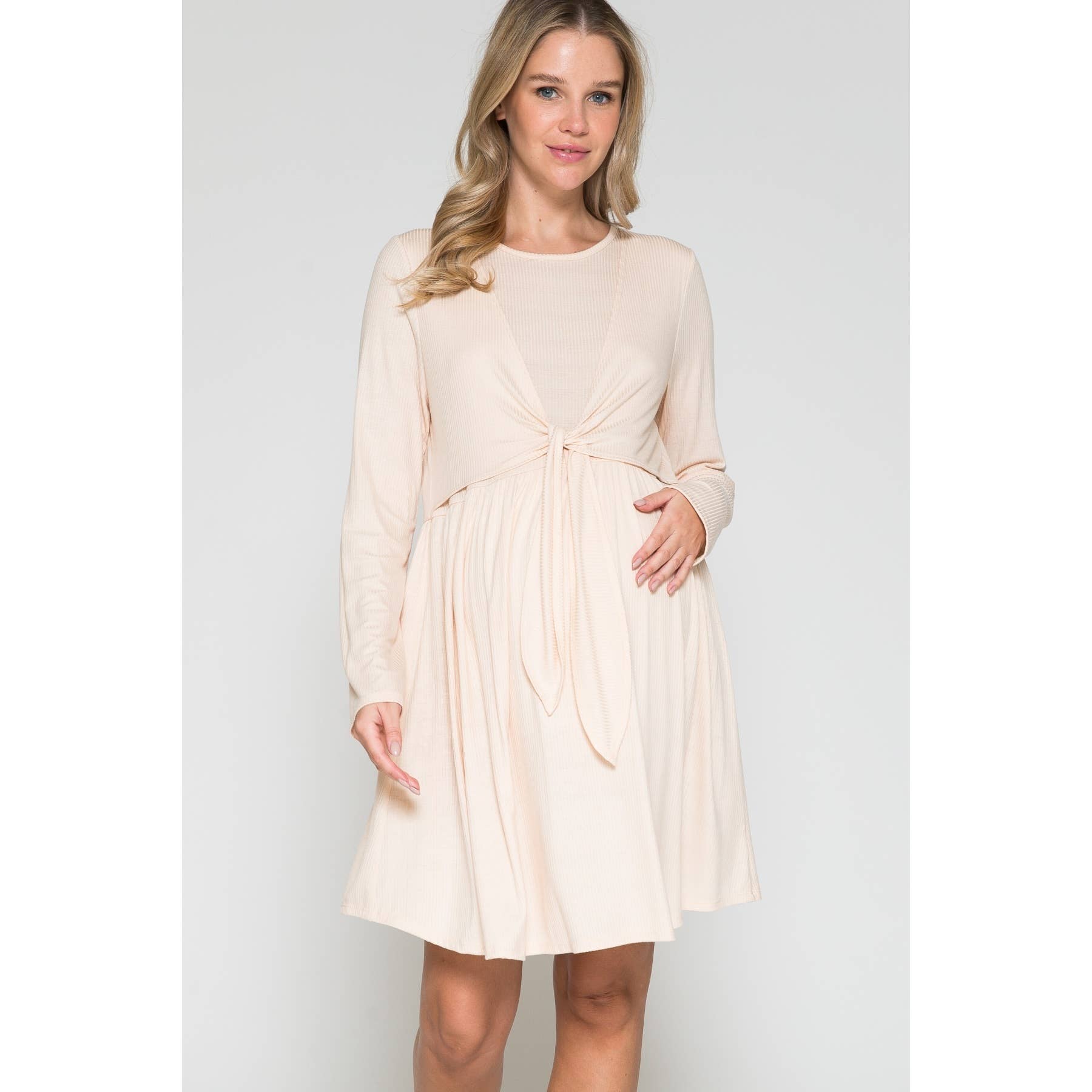Maternity Wrap Waist Ruched Ruffle Spring Midi Dress