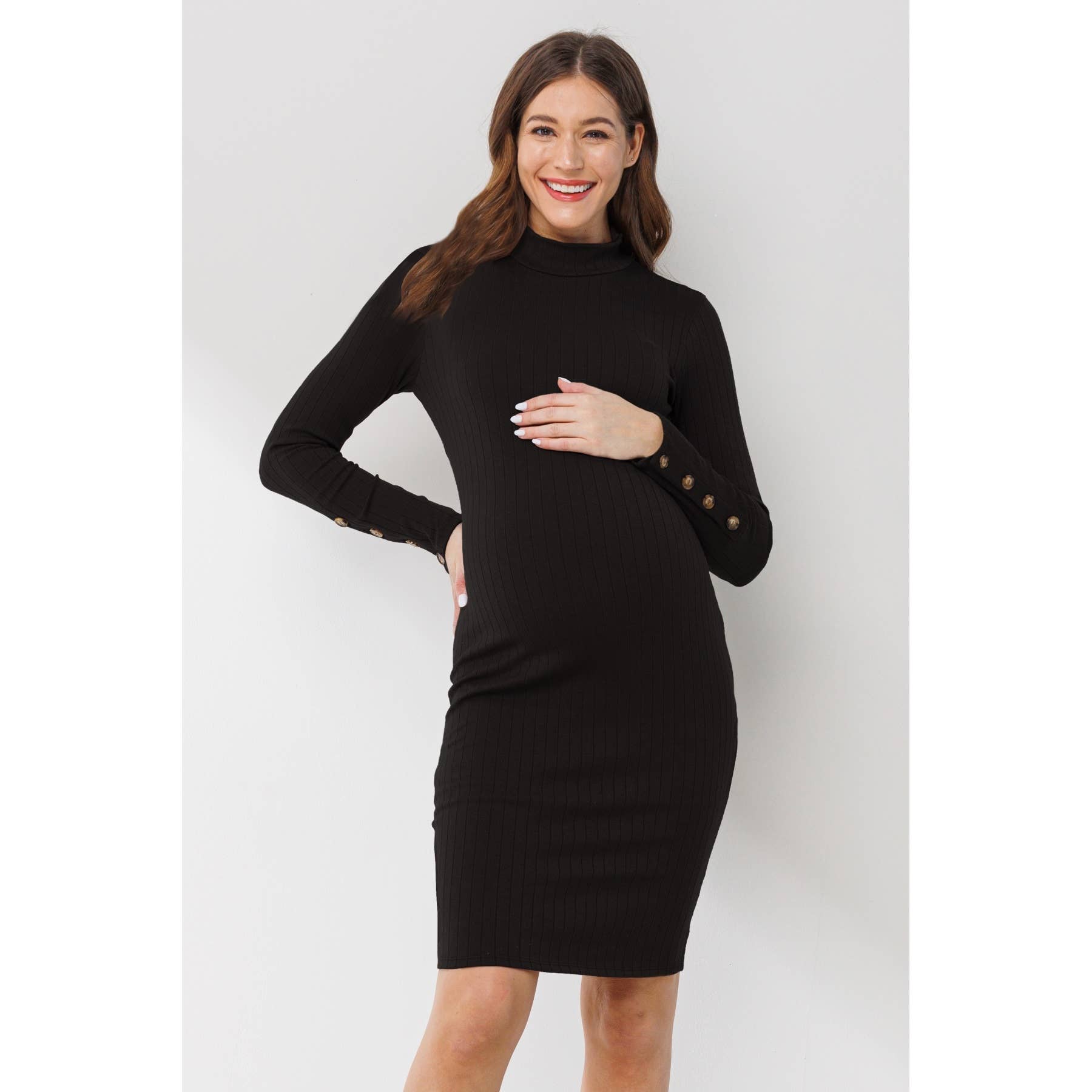 Ribbed Mock Neck Button Sleeve Maternity Dress