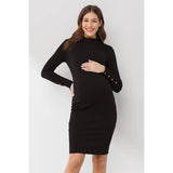 Ribbed Mock Neck Button Sleeve Maternity Dress