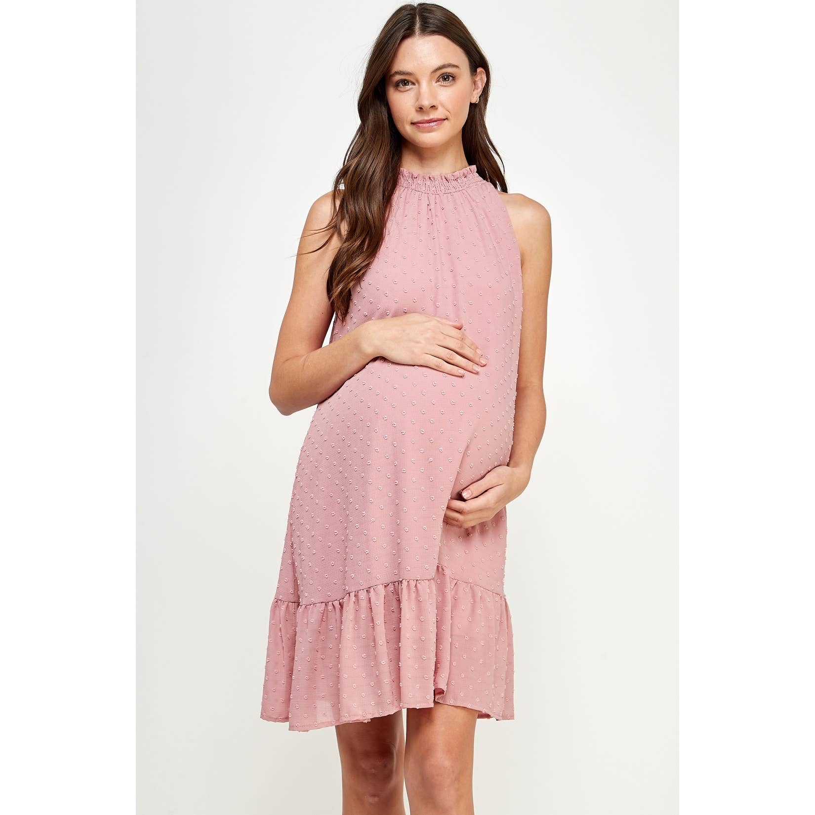 Mock Neck Swiss Dot Ruffled Maternity Dress