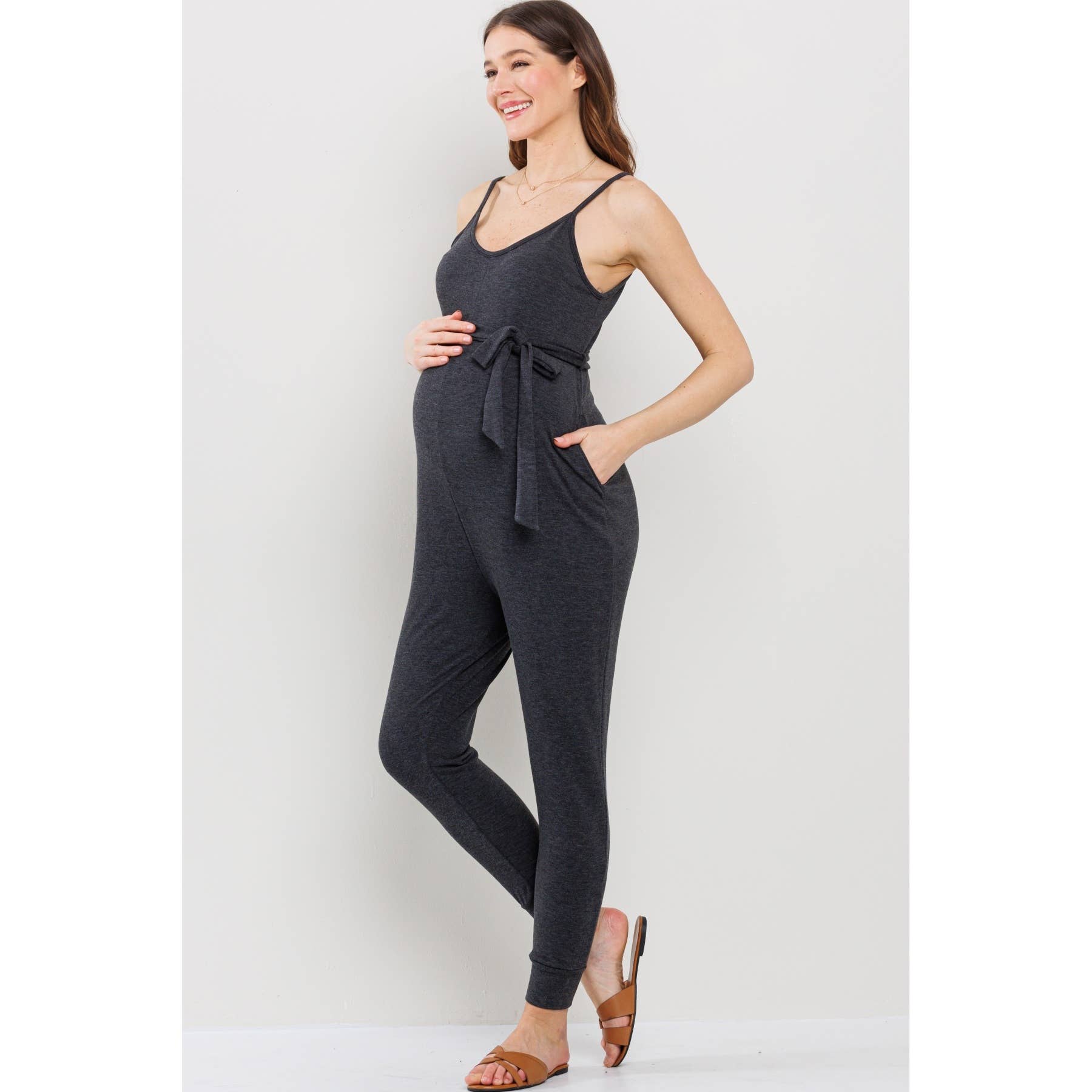 Sleeveless Belted Maternity Knit Jumpsuit