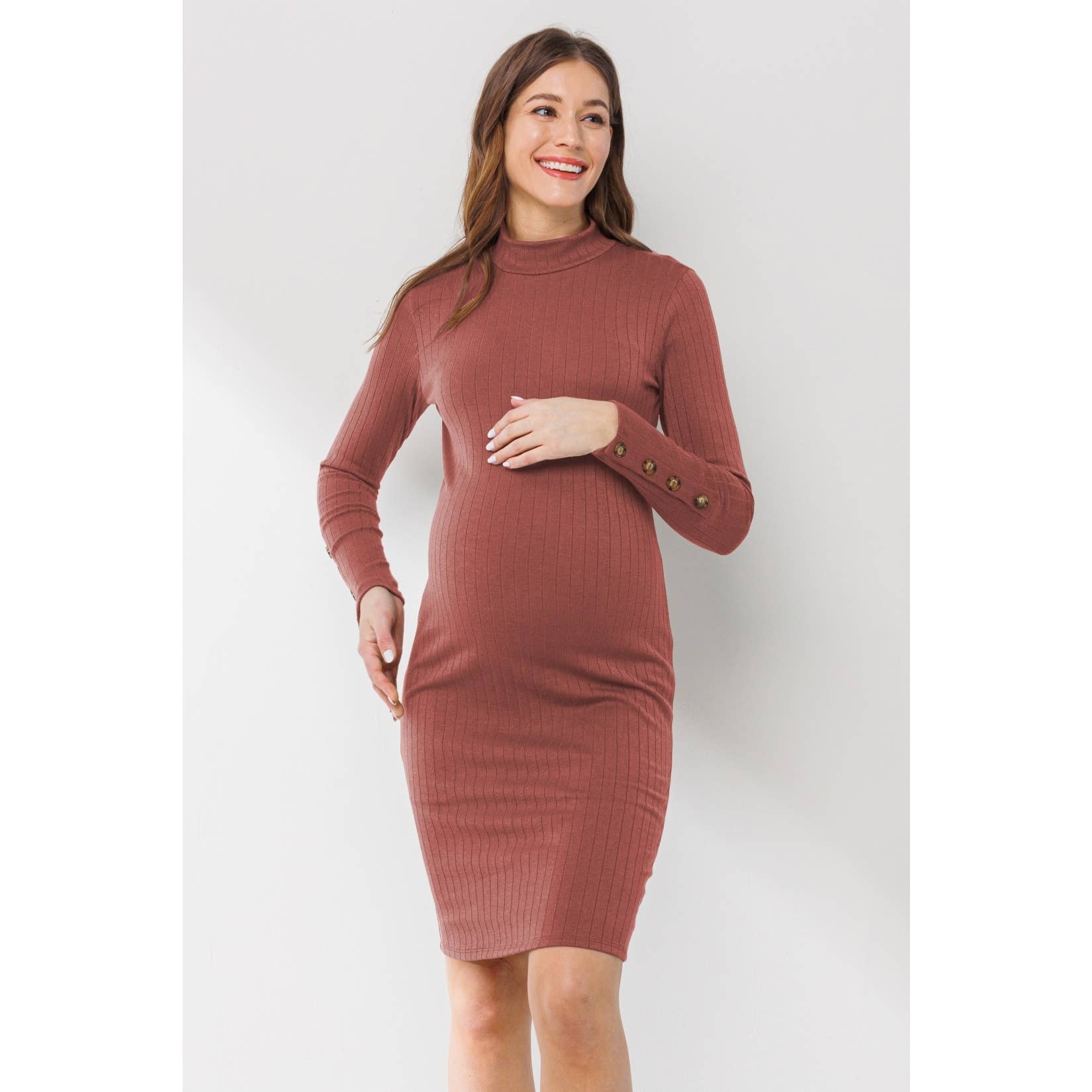 Ribbed Mock Neck Button Sleeve Maternity Dress