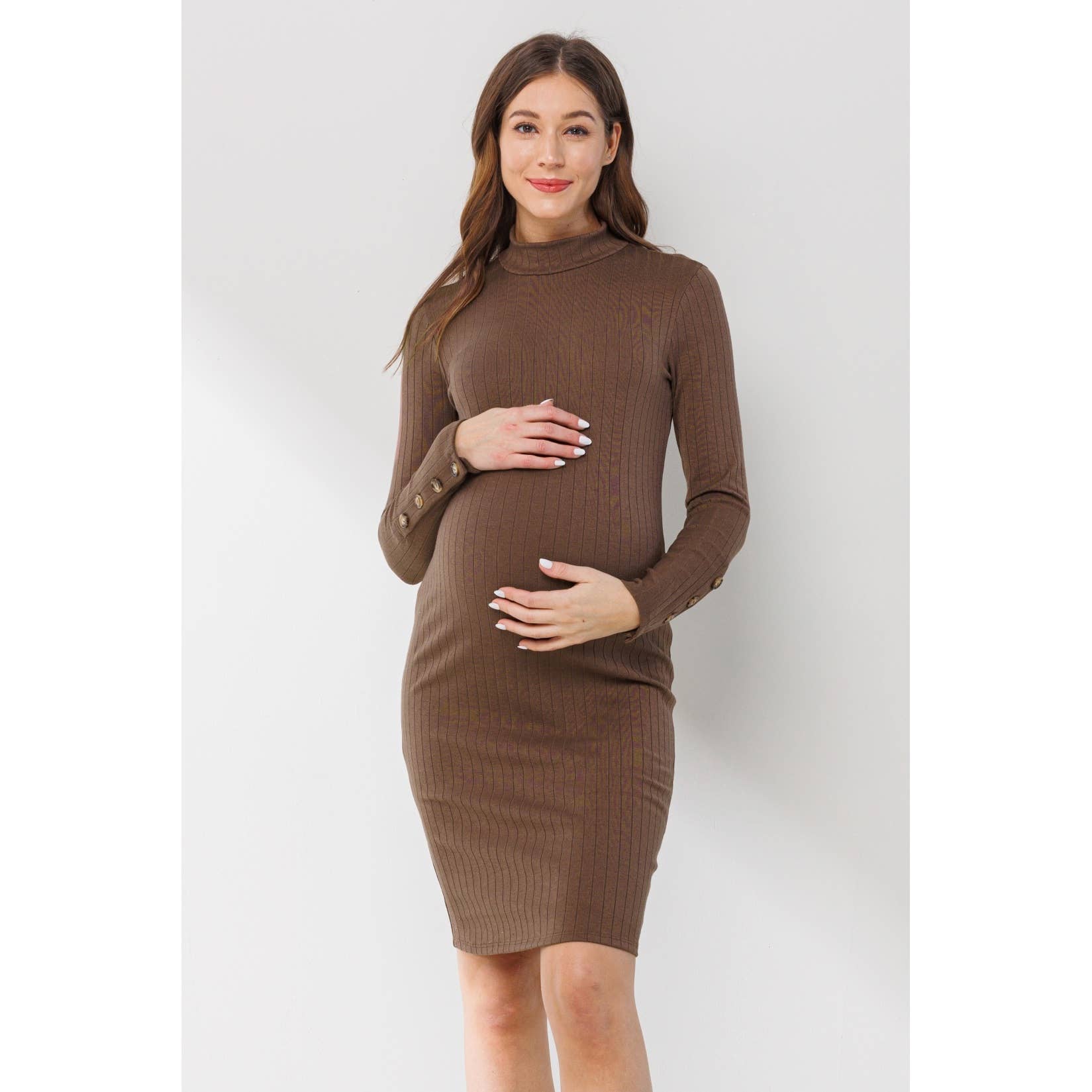 Ribbed Mock Neck Button Sleeve Maternity Dress