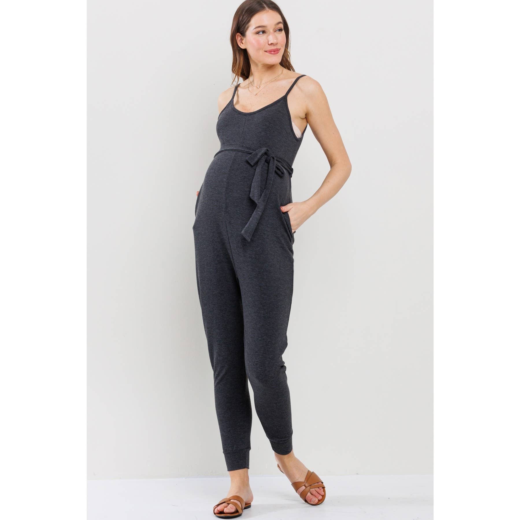Sleeveless Belted Maternity Knit Jumpsuit