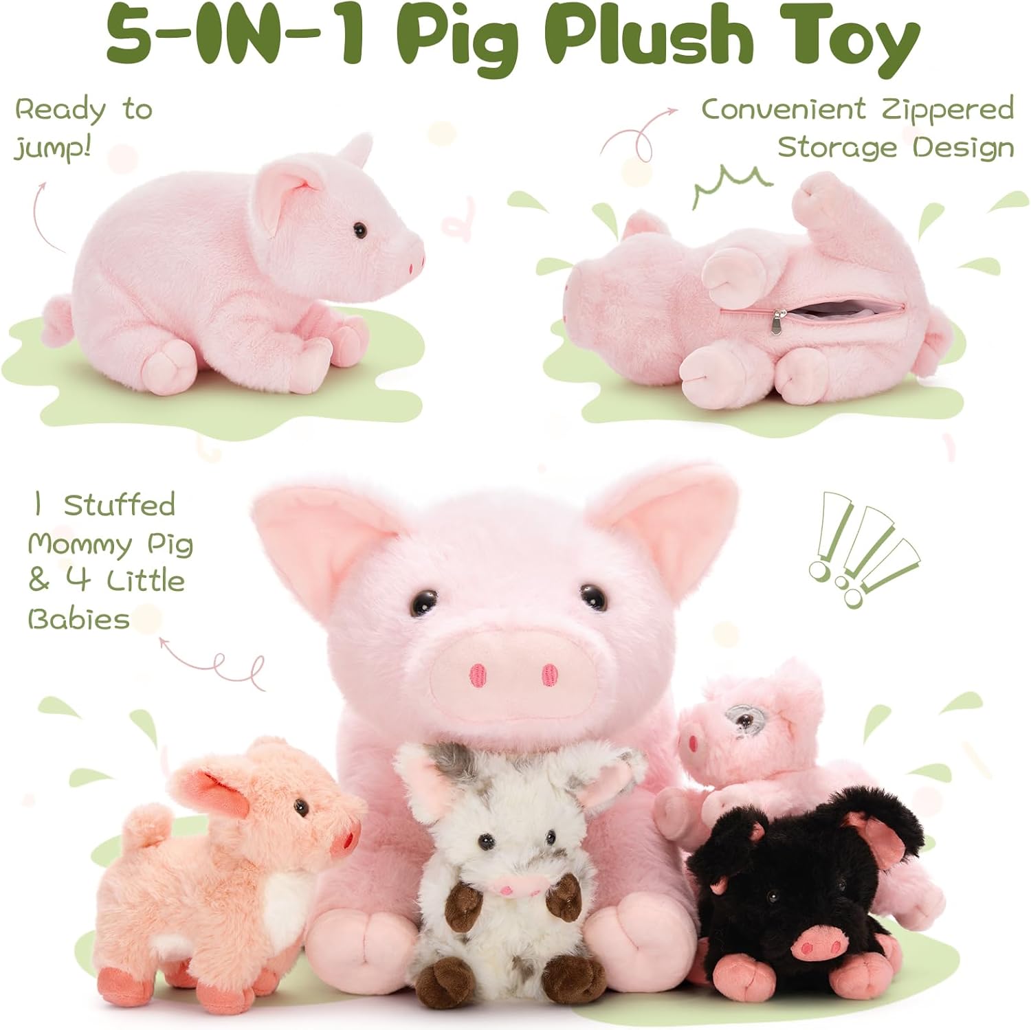 Pig Stuffed Animal Plush - Pink Mommy 16" with 4 Little Piggy in Her Zippered Tummy