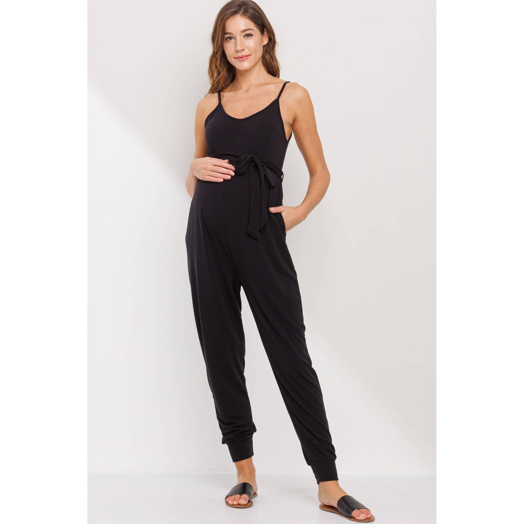 Sleeveless Belted Maternity Knit Jumpsuit