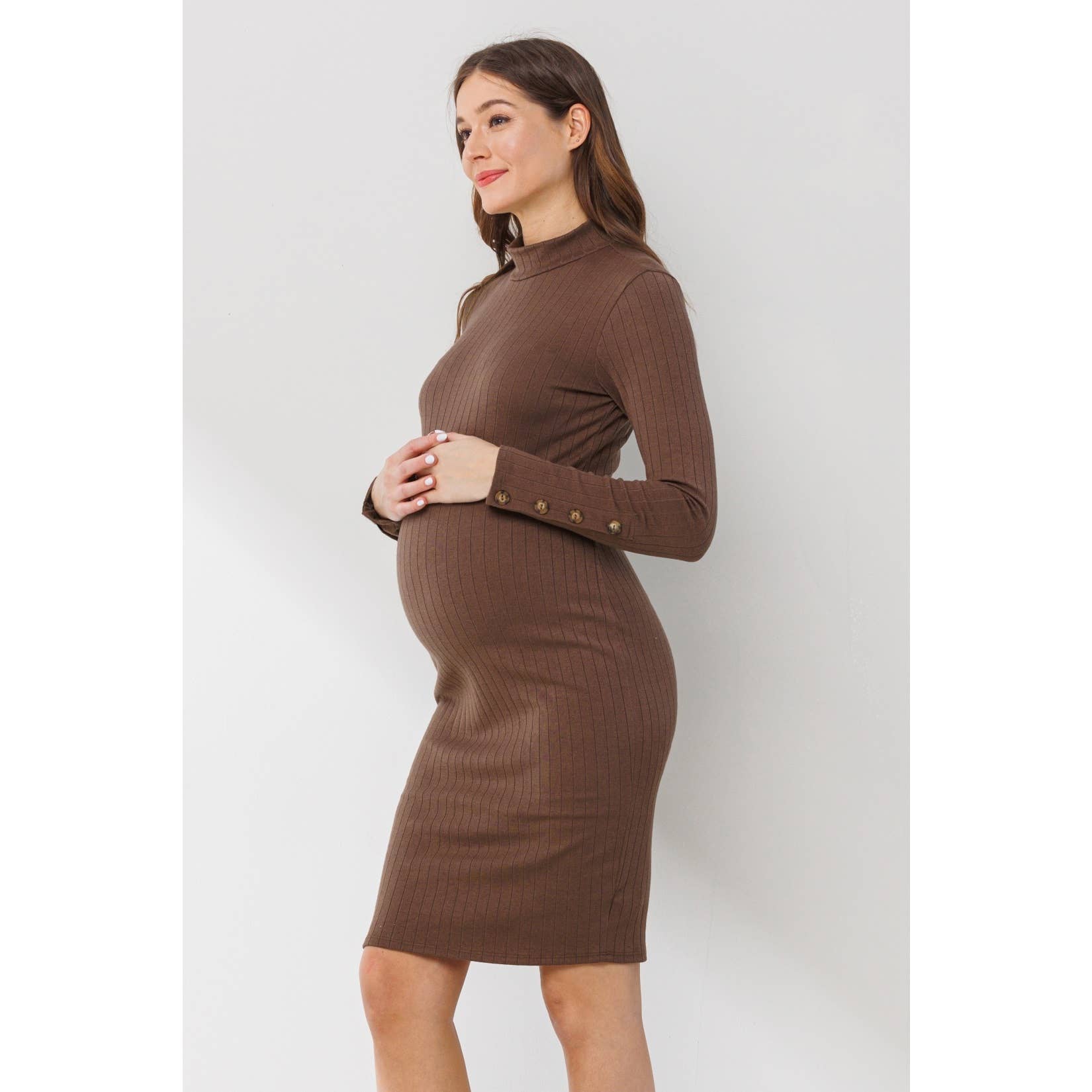 Ribbed Mock Neck Button Sleeve Maternity Dress