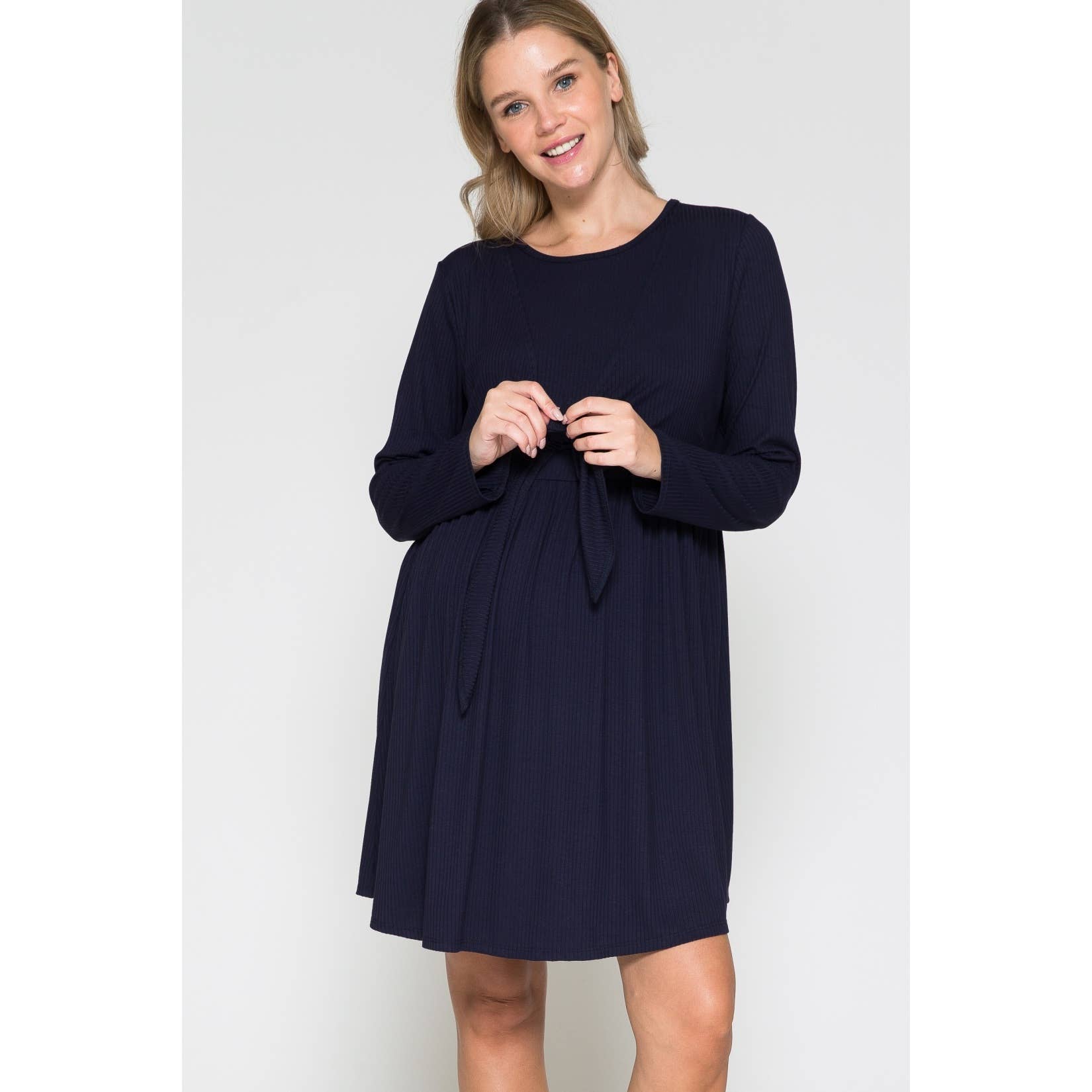Maternity Wrap Waist Ruched Ruffle Spring Midi Dress