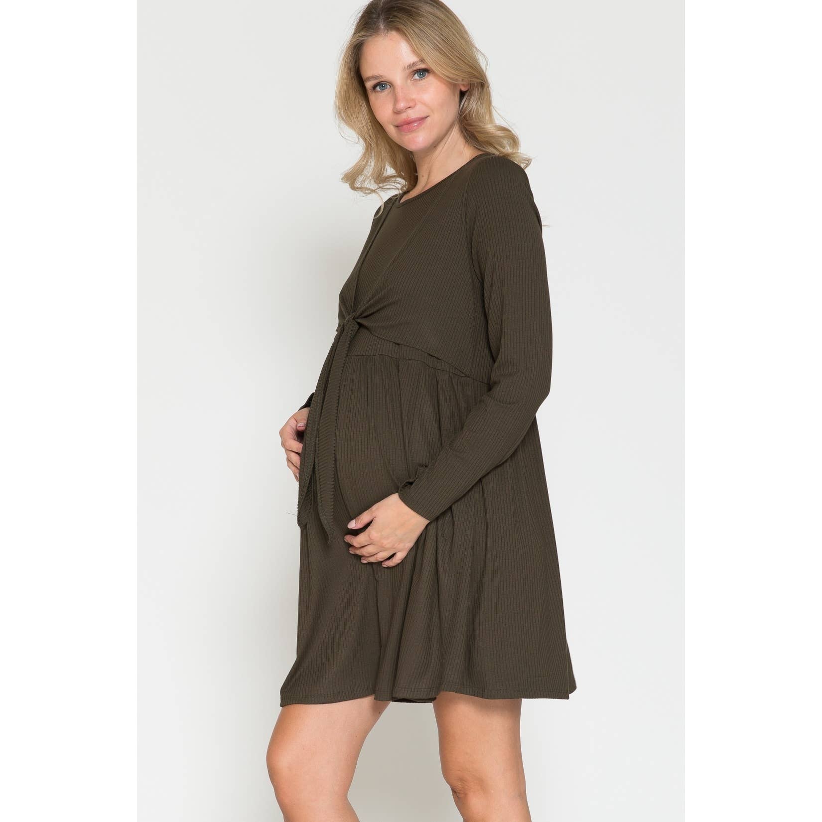 Maternity Wrap Waist Ruched Ruffle Spring Midi Dress