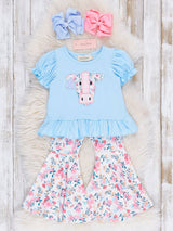 Baby Blue Cow Floral Bell Bottom Outfit
