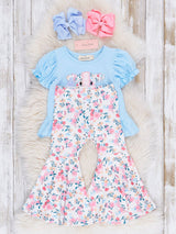 Baby Blue Cow Floral Bell Bottom Outfit