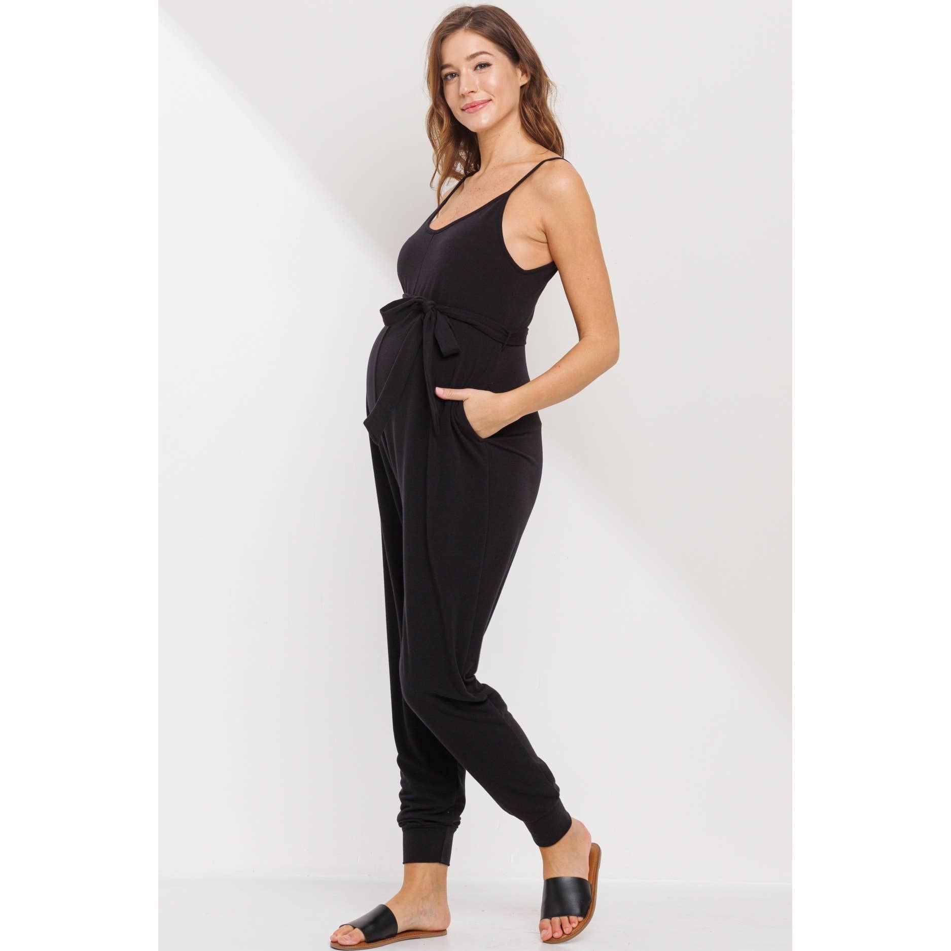 Sleeveless Belted Maternity Knit Jumpsuit