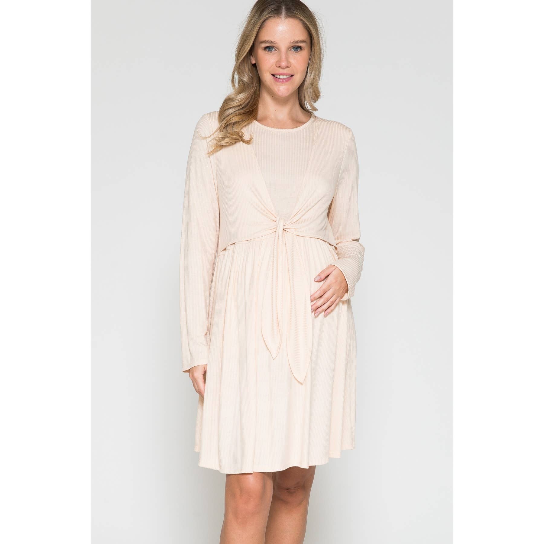 Maternity Wrap Waist Ruched Ruffle Spring Midi Dress