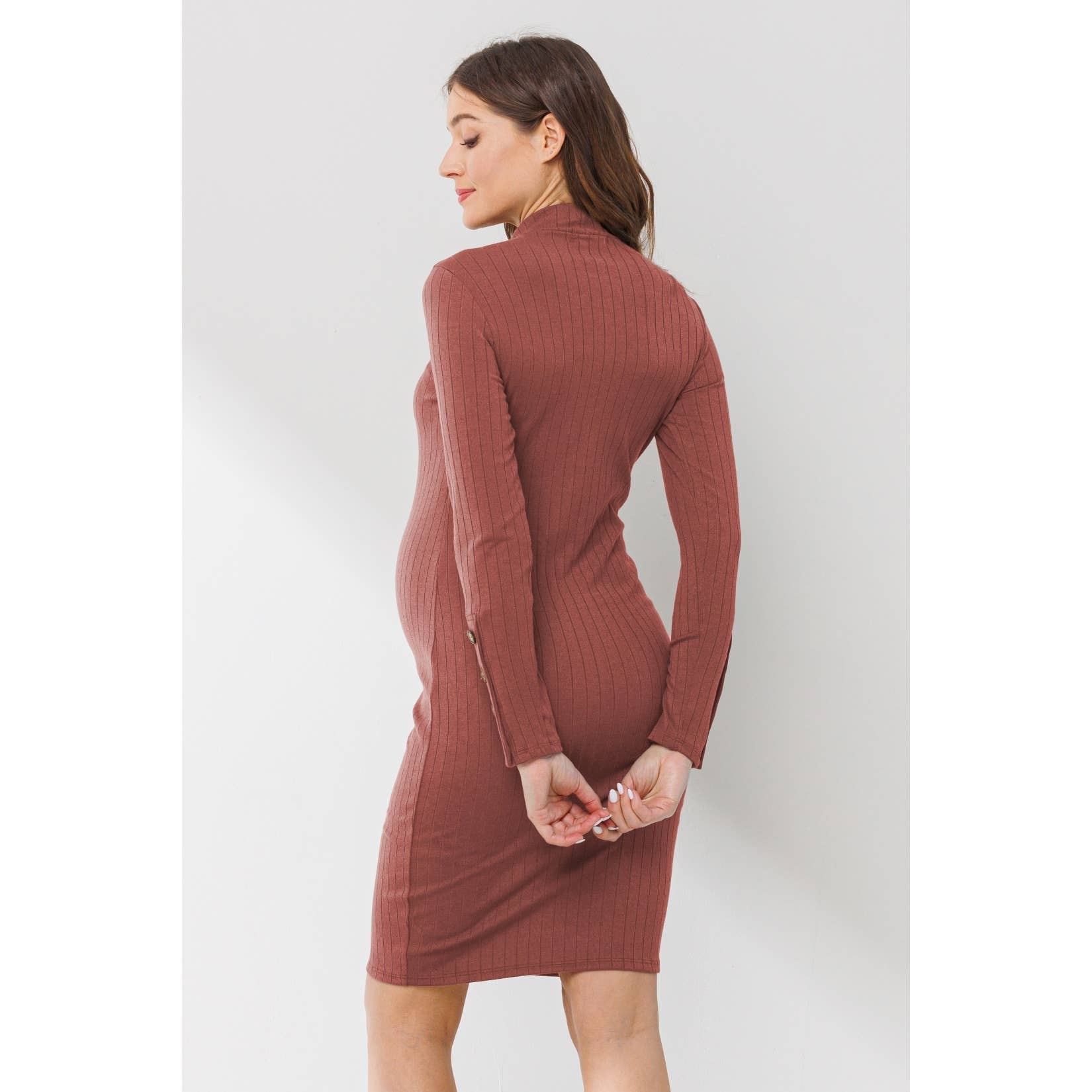 Ribbed Mock Neck Button Sleeve Maternity Dress