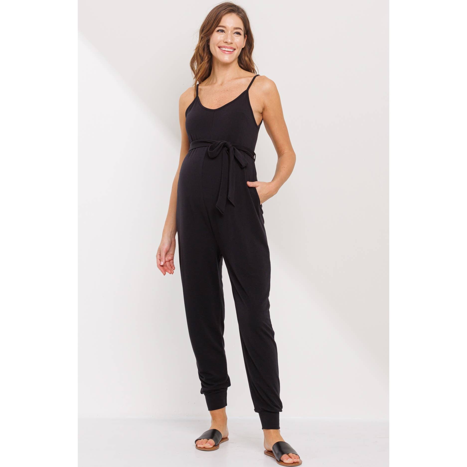Sleeveless Belted Maternity Knit Jumpsuit