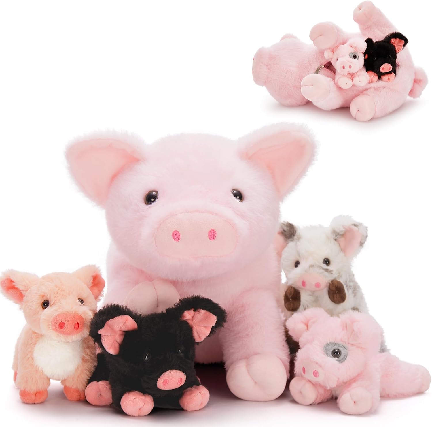 Pig Stuffed Animal Plush - Pink Mommy 16" with 4 Little Piggy in Her Zippered Tummy