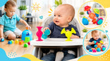 Colorful sensory toys for babies with infants exploring textured toys, shape sorter, and interactive baby toys.