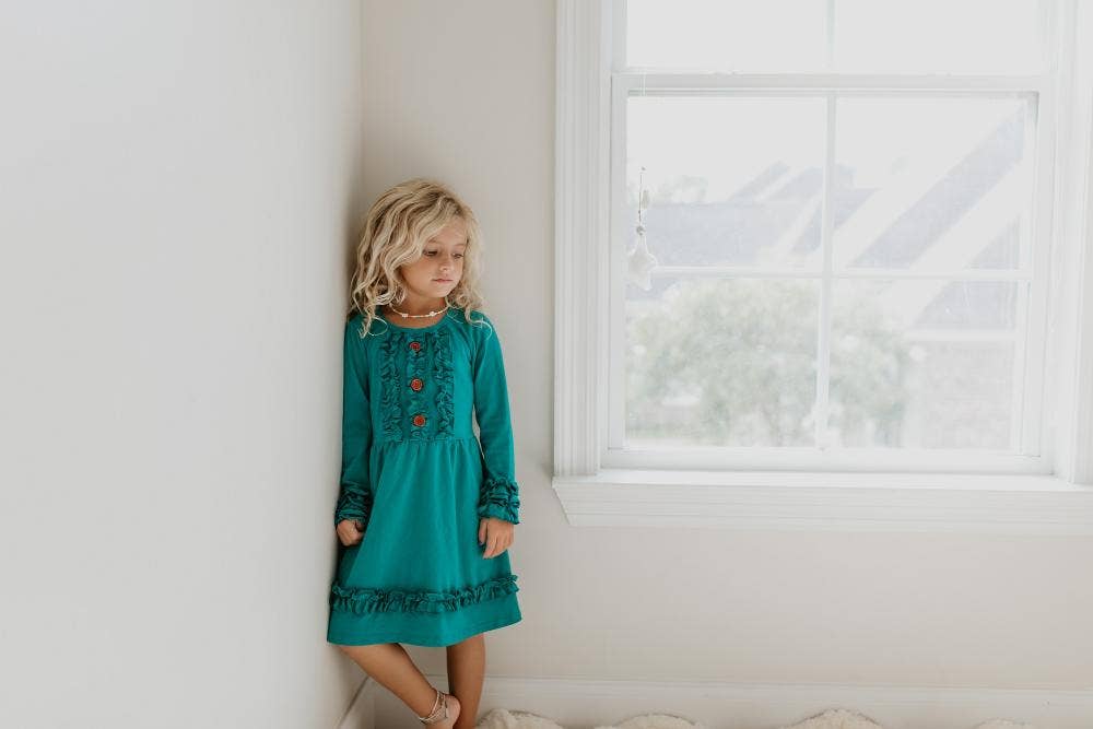 Kids Long Sleeve Dark Teal Ruffle Button Fall Winter Dress