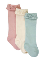 RuffleButts + RuggedButts - Girls 3-Pack Knee High Ruffle Socks - Mauve, Cloud Blue, & Ivory