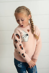 Kids Pink Heart & Leopard Arm Fuzzy Fall Winter Sweater