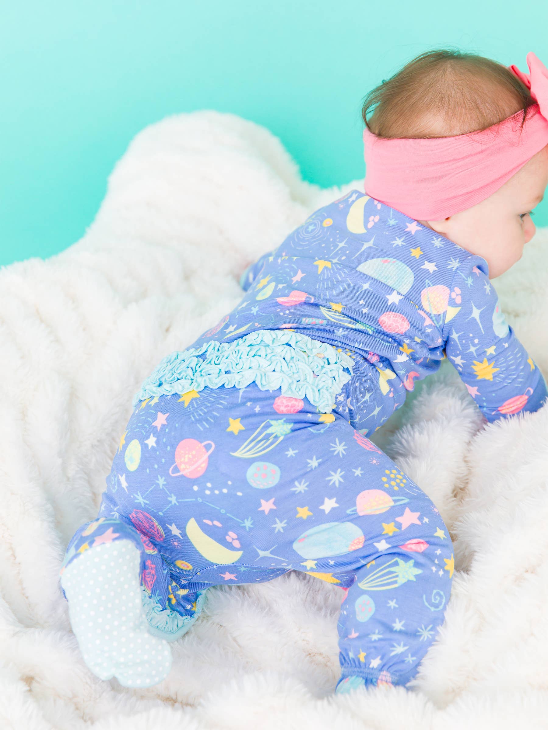 RuffleButts + RuggedButts - Baby Girls Starry Dreams Bamboo Viscose Footed Ruffle One Piece Pajama