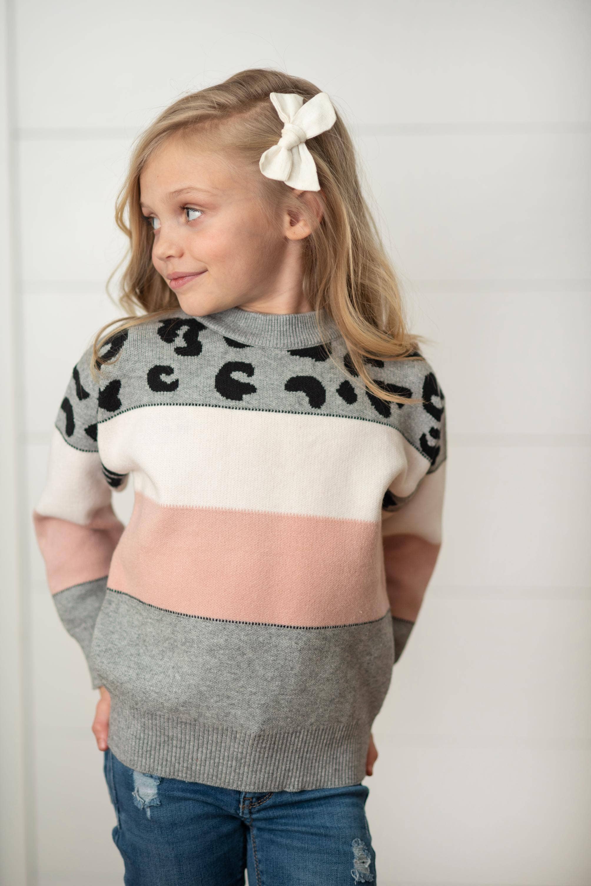 Adorable Sweetness - Kids Pink Gray Leopard Stripe Crew Neck Fall Winter Sweater