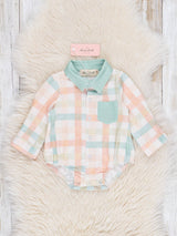 Peachy Mint Plaid Button-Up Bubble