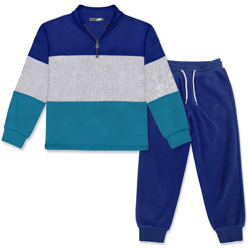 Cobalt & Gray Heather Polar Fleece Color Block Quarter-Zip Pullover & Joggers
