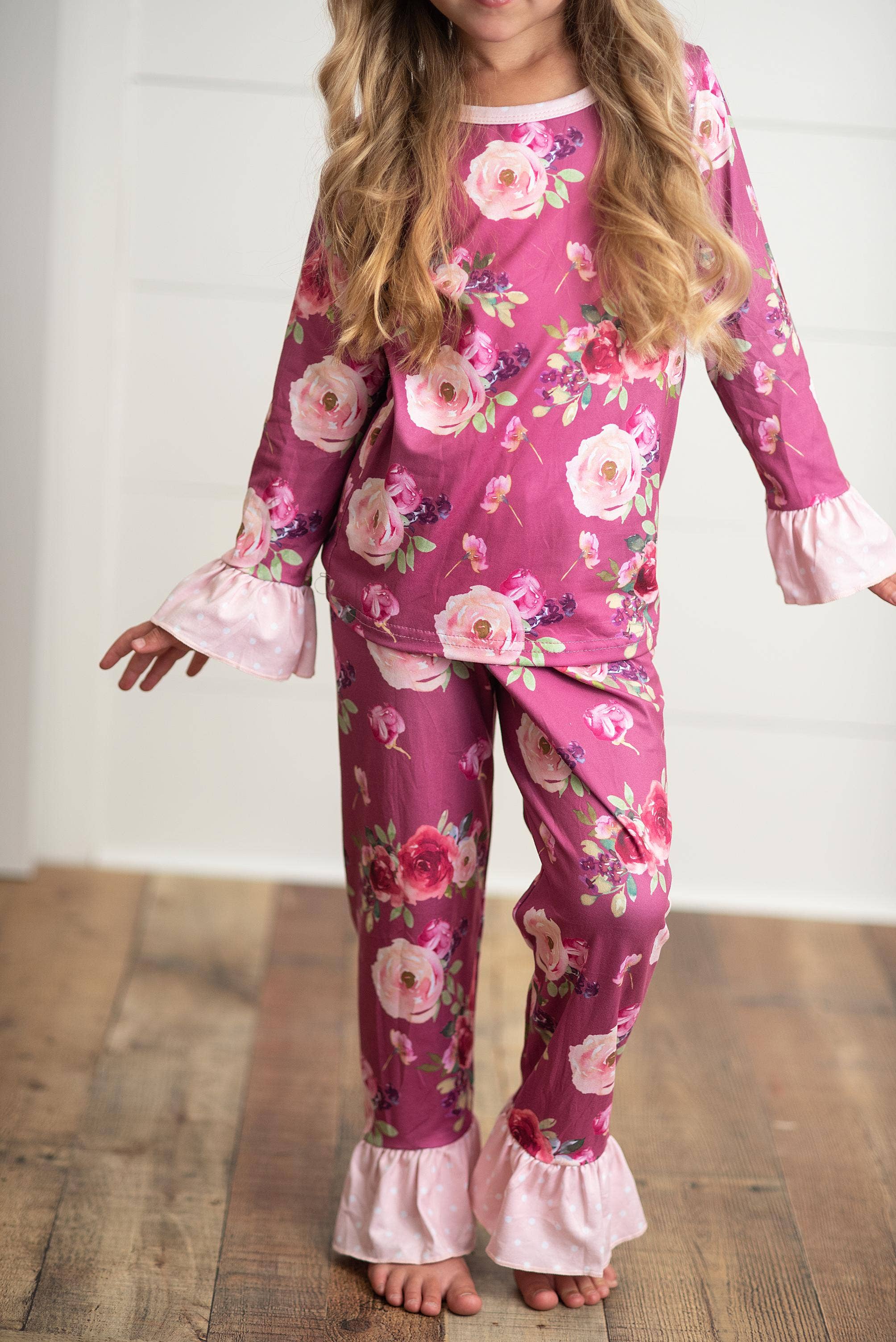 Adorable Sweetness - Kids Pink Magenta Rose Print Comfy 2 Piece Lounge Play Set