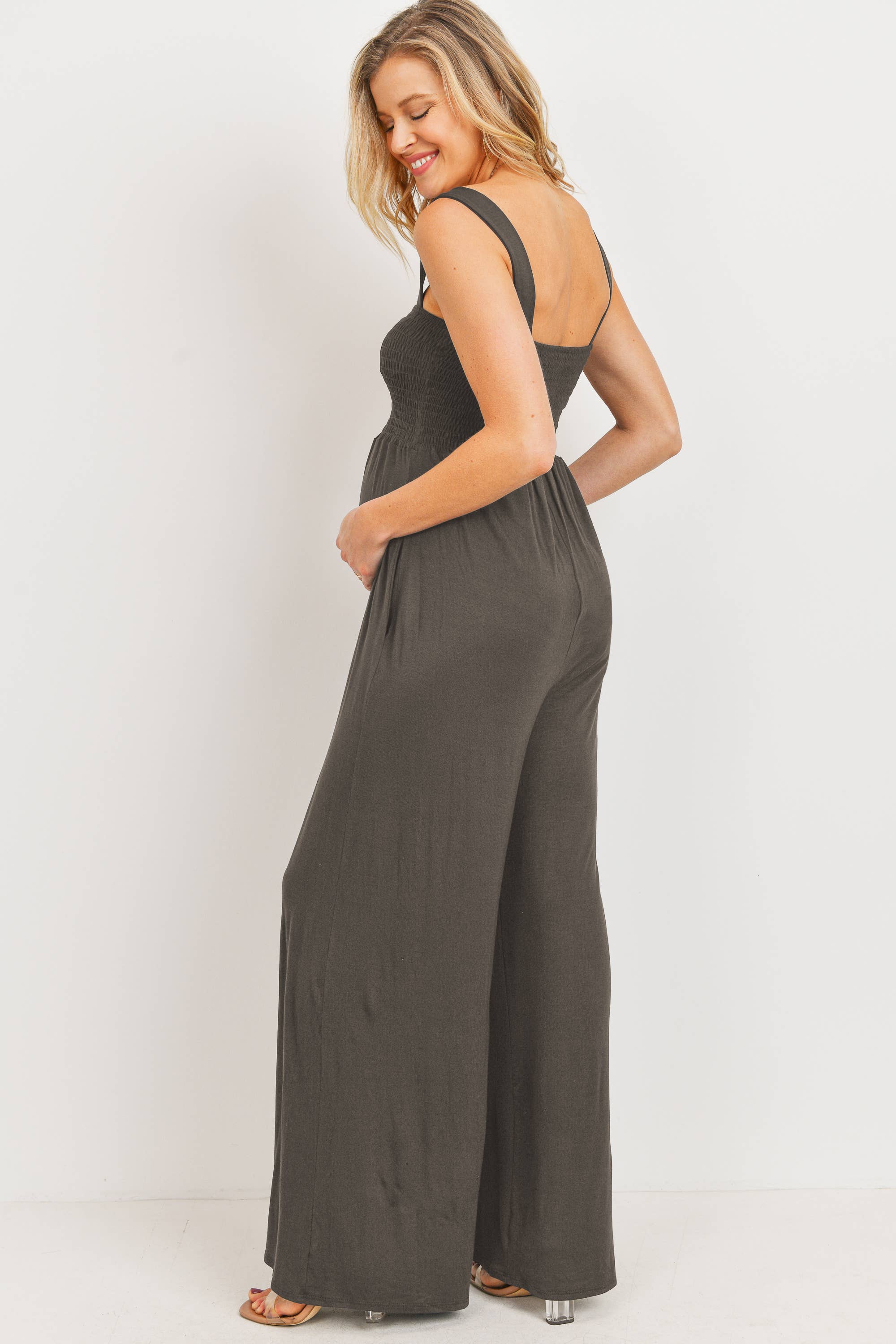 Sleeveless Smocked Maternity Wide-Leg Jumpsuit