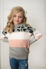 Adorable Sweetness - Kids Pink Gray Leopard Stripe Crew Neck Fall Winter Sweater