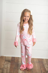 Kids Pink Bunny Print Comfy Two Piece Lounge Play Set