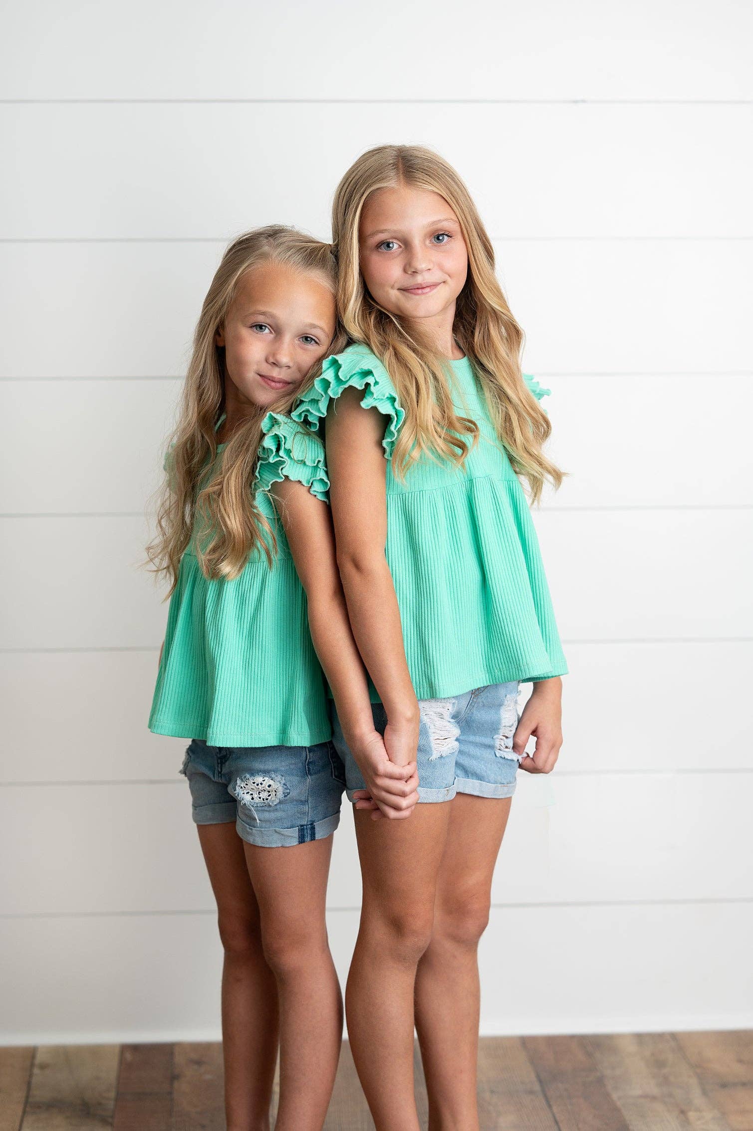 Kids Turquoise Double Ruffle Flutter Sleeve Spring Shirt