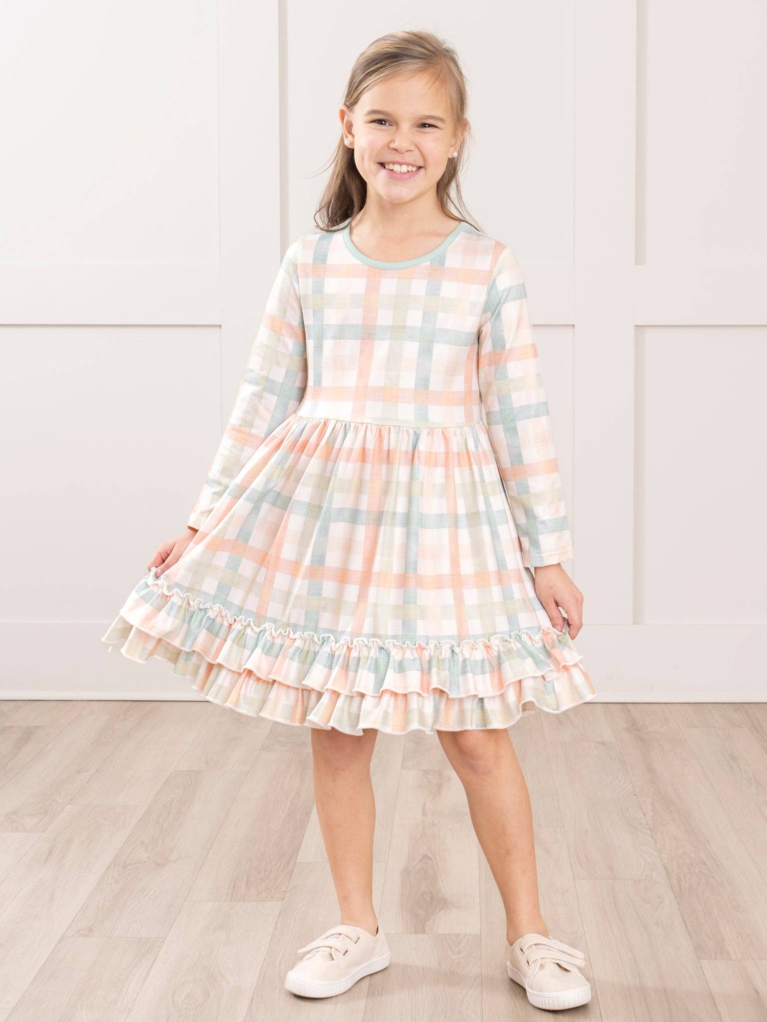 Peachy Mint Plaid Ruffle Dress