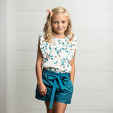 Kids White & Teal Floral Ruffle Spring Summer Short Set