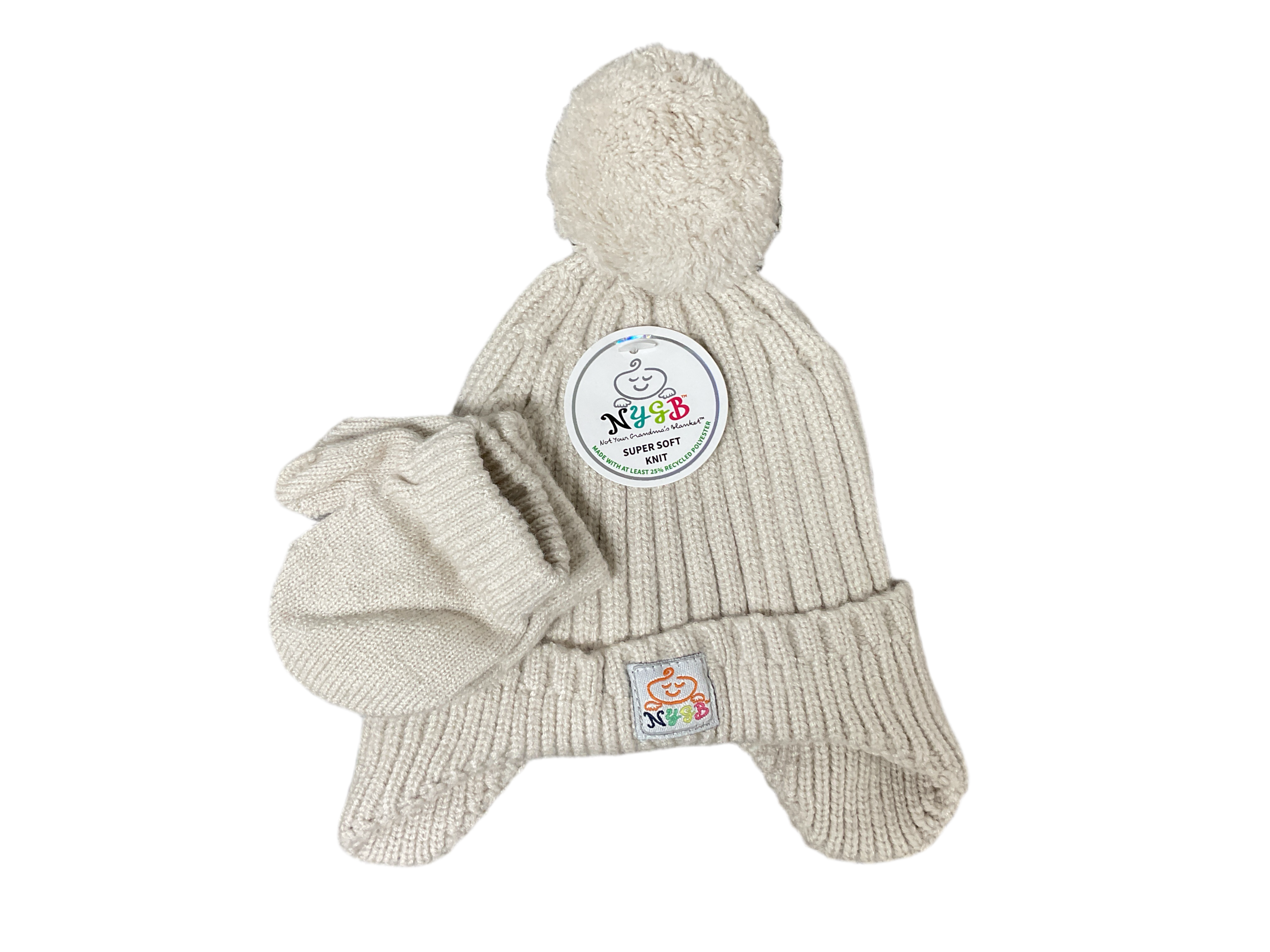 NYGB- Puffball Hat And Mitten Set- Light Grey