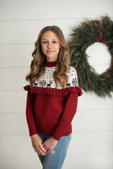 Kids Dark Red Burgundy Ruffle Yolk Sweater