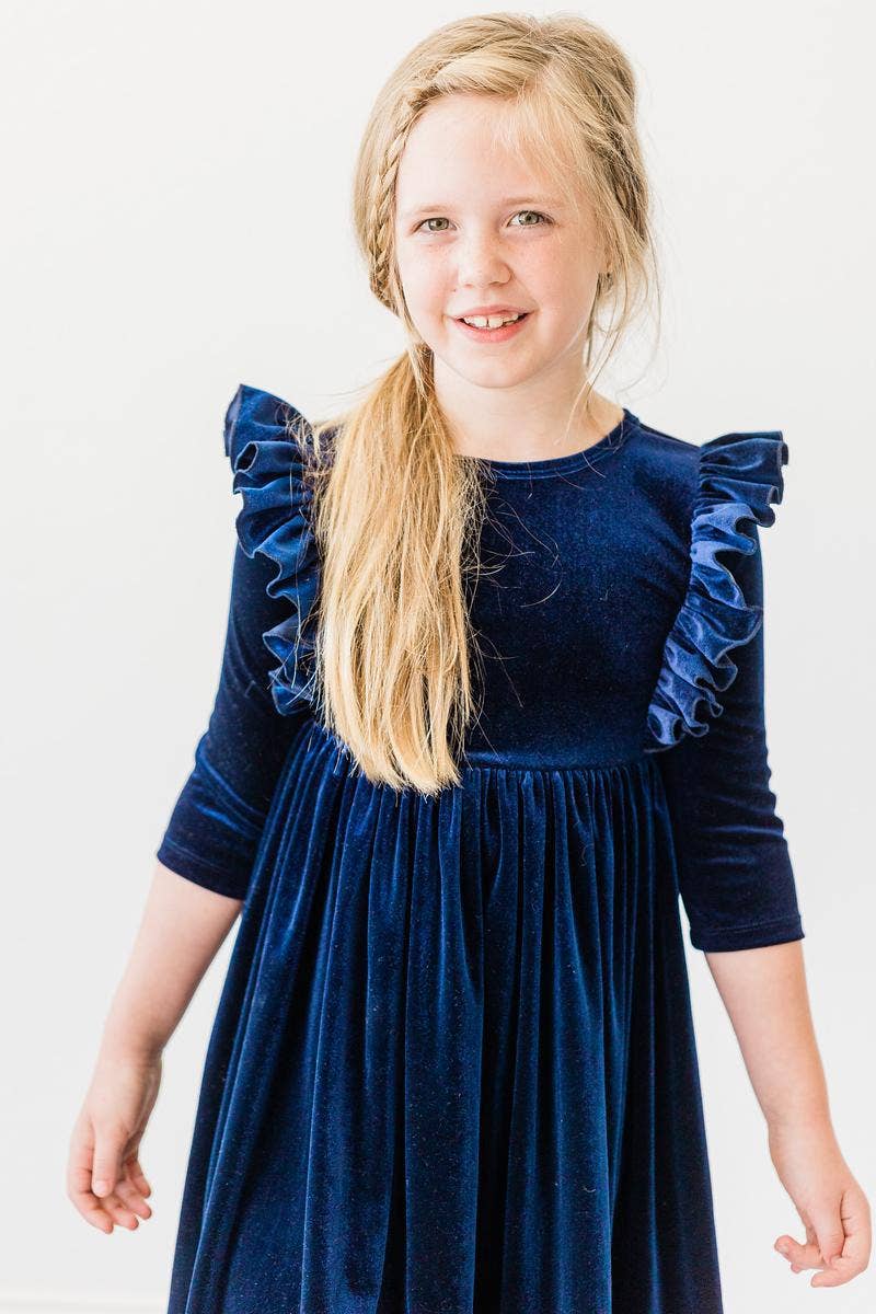Navy Velvet Ruffle Twirl Dress