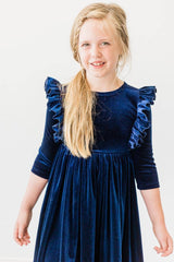 Navy Velvet Ruffle Twirl Dress