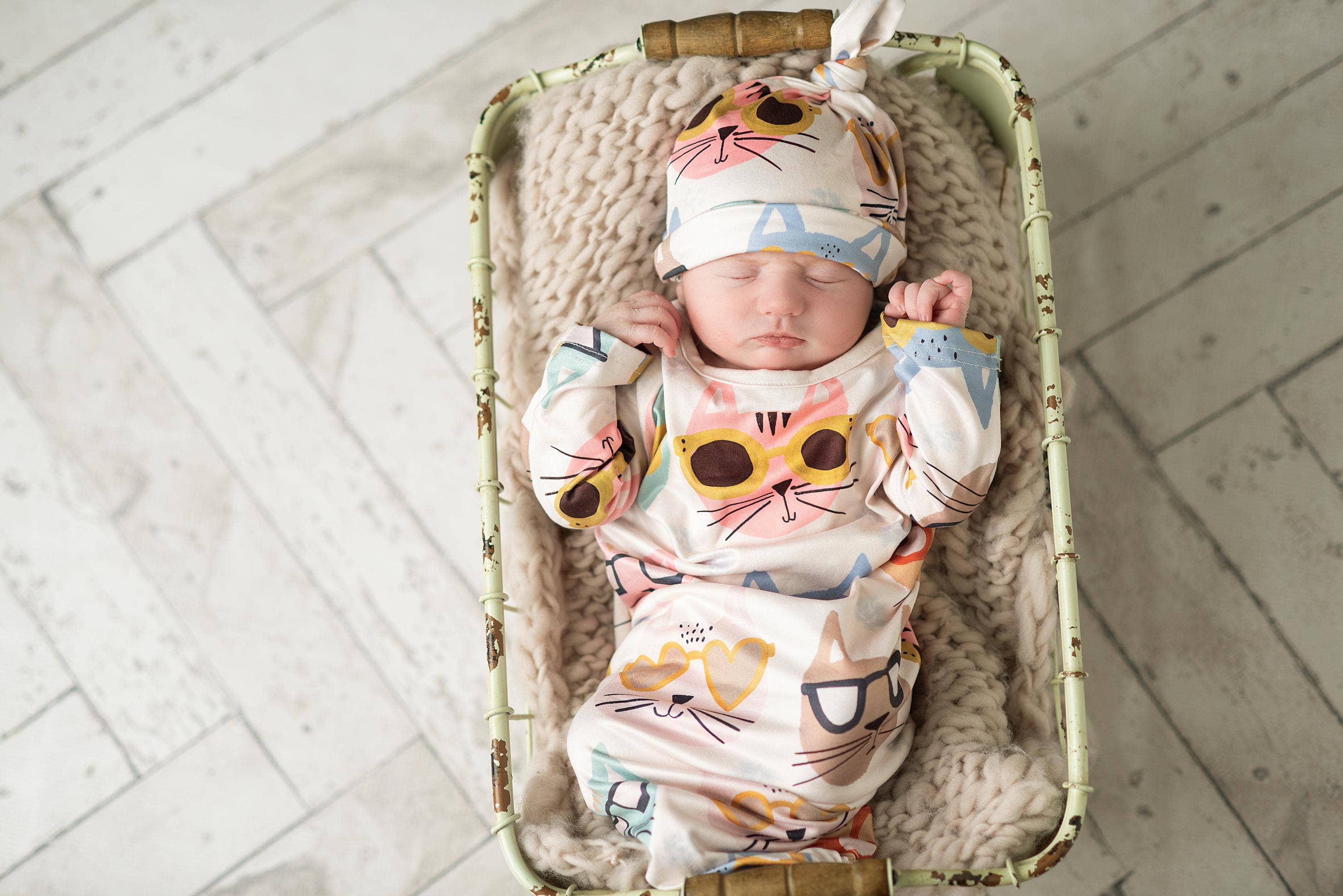 Infant Pastel Cat Baby Gown And Hat Set