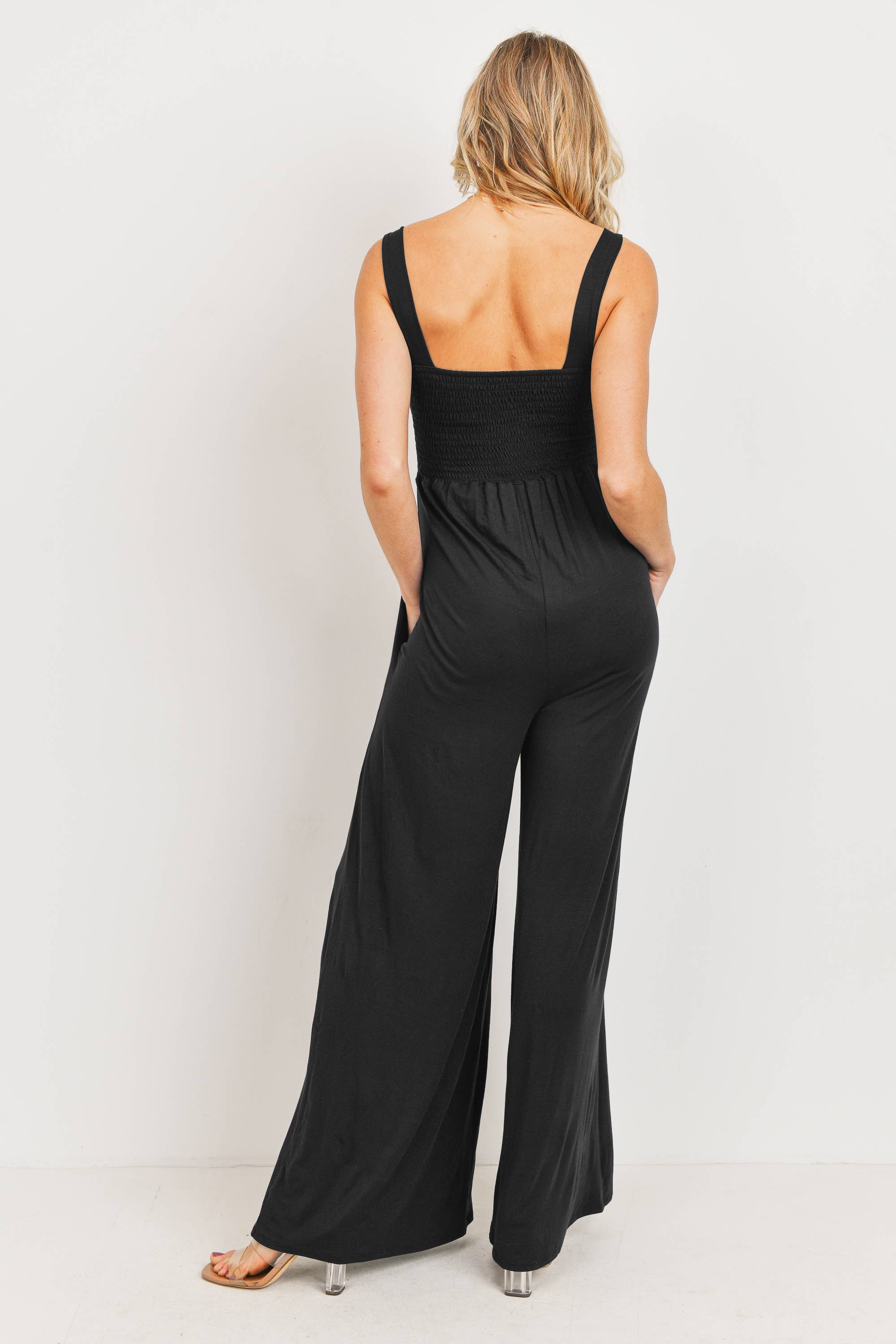 Sleeveless Smocked Maternity Wide-Leg Jumpsuit