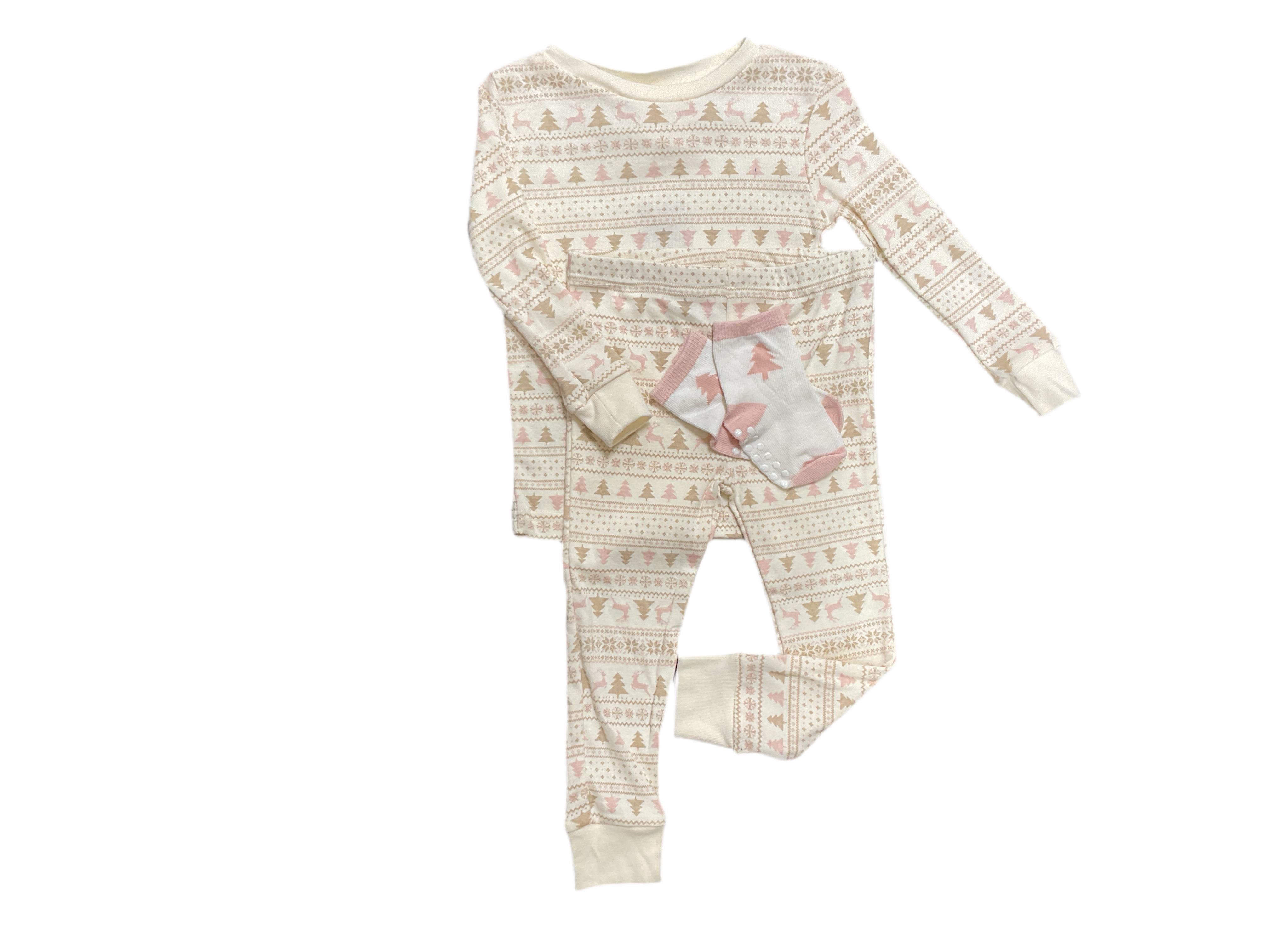 Rabbit + Bear Organics- Pink And Beige Christmas 3Pc Pajama set