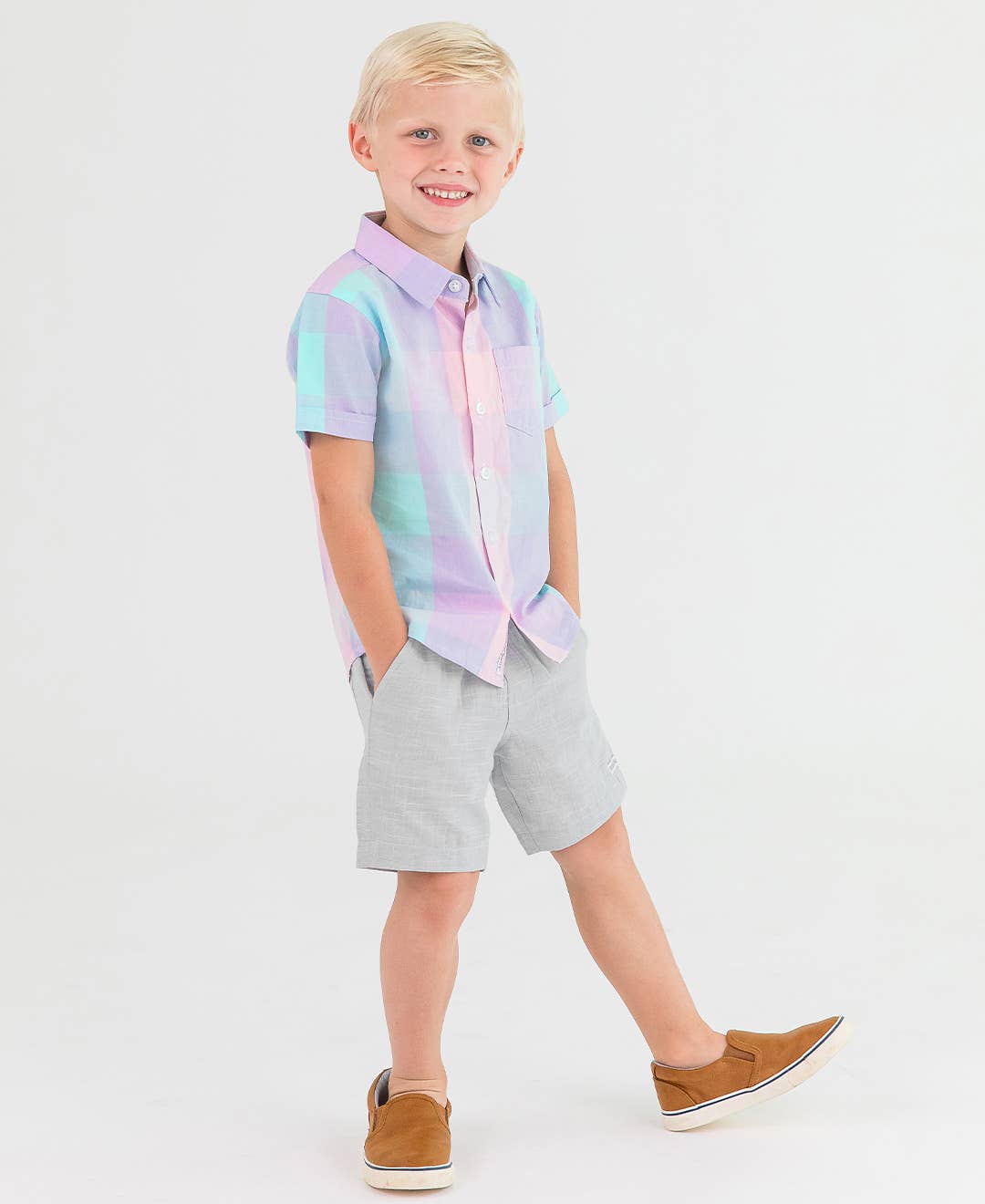 Boys Cotton Candy Plaid Short Sleeve Button Down Shirt