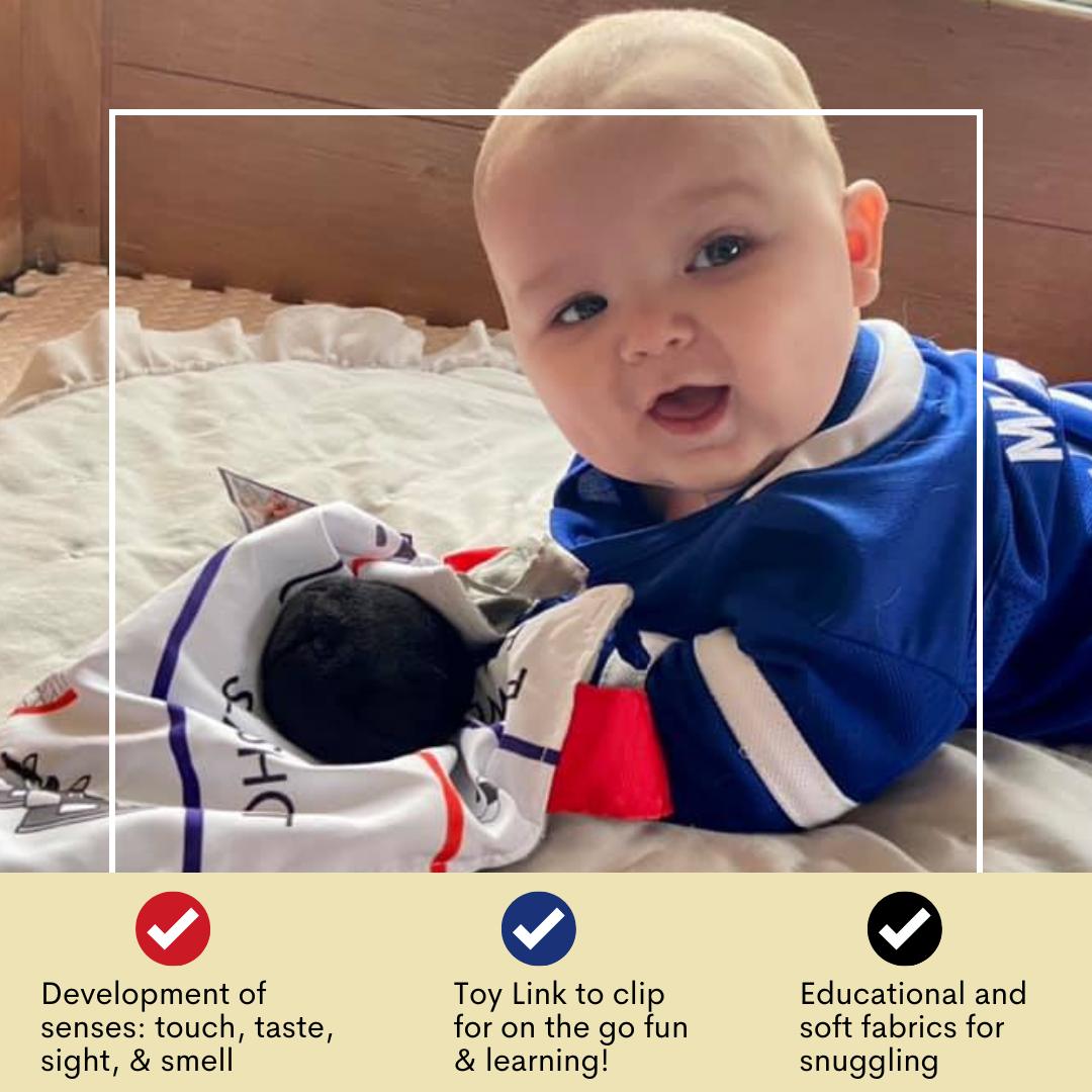 Hockey Puck Baby Learning Lovey Tag Stroller Toy 10" x 10"