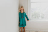 Kids Long Sleeve Dark Teal Ruffle Button Fall Winter Dress