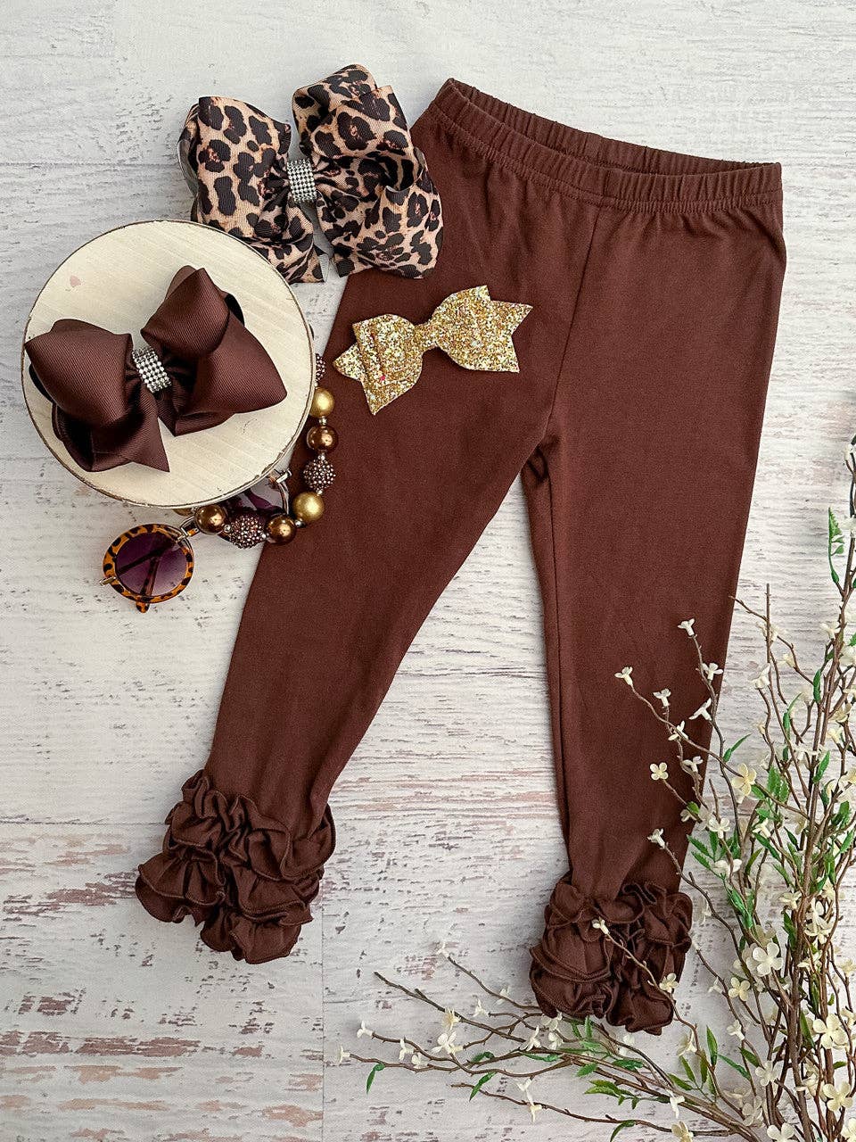 Solid Ruffled Fitted Icing Leggings - Brown