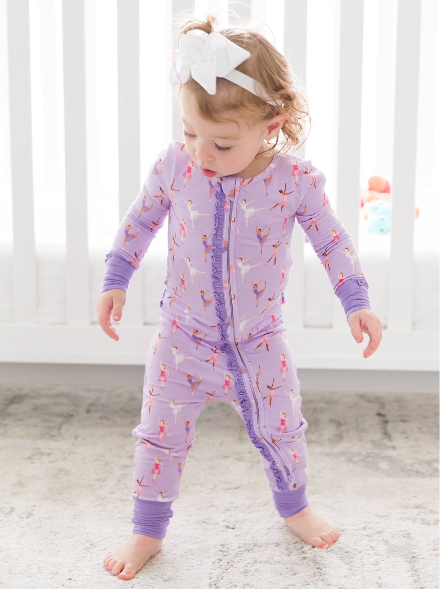 RuffleButts + RuggedButts - Baby Girls Ballerinas Bamboo Viscose Convertible Ruffle One Piece Pajama