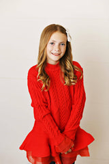 Kids Red Cable Knit & Sheer Skirted Tunic Winter Sweater