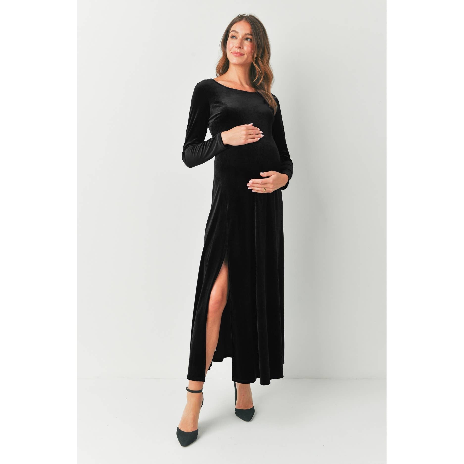 Velvet Long Sleeve Maternity Midi Dress